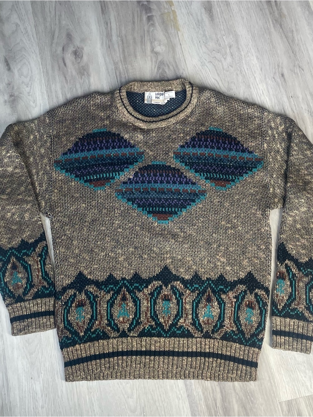London Fog Brown Crewneck Sweater with Teal & Navy Geometric Pattern
